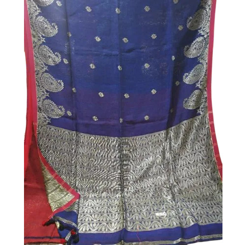Linen Jamdani Saree - Pure Linen, 6.3 Meter, Blue | Printed Pattern, Party Wear, Summer