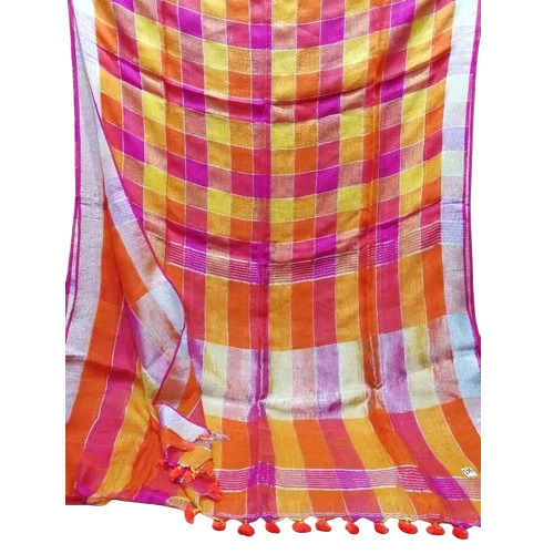 Multicolor Checks Linen Saree - Pure Linen, 6.3 Meter, With Blouse Piece | Women's Party Wear, Checked Pattern, Bengali Style, Summer