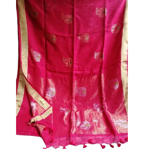 Pink Linen Benarasi Saree - Pure Linen, 6.3 Meter, Pink | Party Wear, Printed, Bengali Style, Summer