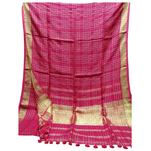 Red Checks Linen Saree - Pure Linen, 6.3 Meter, Red | Party Wear, Checked, Bengali Style, Summer