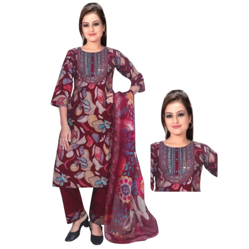 Maroon Rayon Digital Printed Aline Ladies Kurti 3 Pcs Set