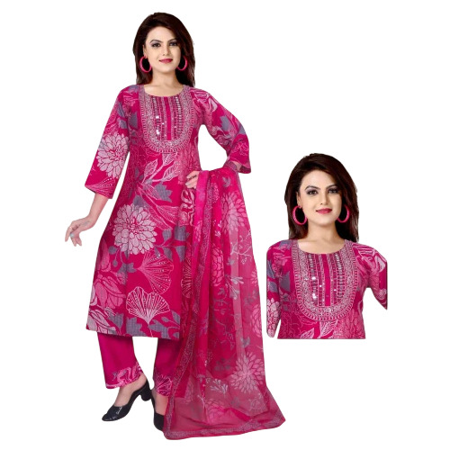 Pink Rayon Digital Printed Aline Ladies Kurti 3 Pcs Set