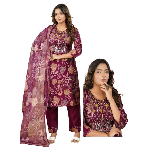 Purple Rayon Digital Printed Aline Ladies Kurti 3 Pcs Set