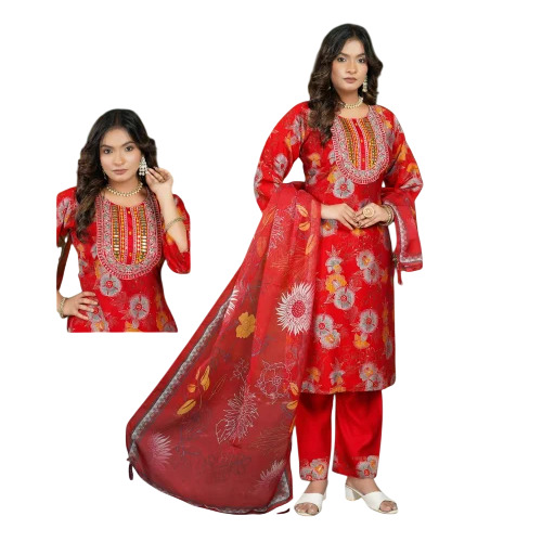 Red Rayon Digital Printed Aline Ladies Kurti 3 Pcs Set