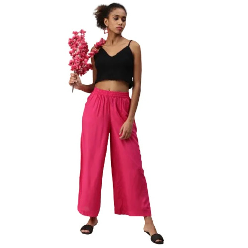 Ladies Pink Palazzo Pants - Cotton, Free Size, Elastic Waist, Regular Flared Fit, Plain | Casual, Formal, Machine Wash, All Season