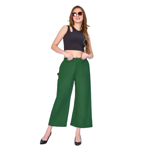 Tiara Green Pocket Palazzo - Rayon, Free Size, Elastic Waist | Breathable, Washable, Plain, Full Length