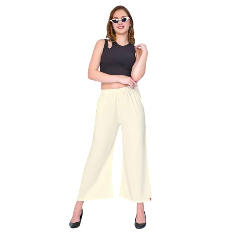 Tiara White Pocket Palazzo - Rayon, Elastic Waist, Full Length | Comfortable, Plain, Regular Fit, Machine Wash