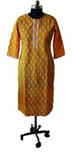  Ladies Yellow Printed Cotton Kurti