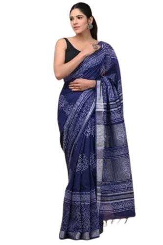 Bagru Hand Block Printed Cotton Linen Saree
