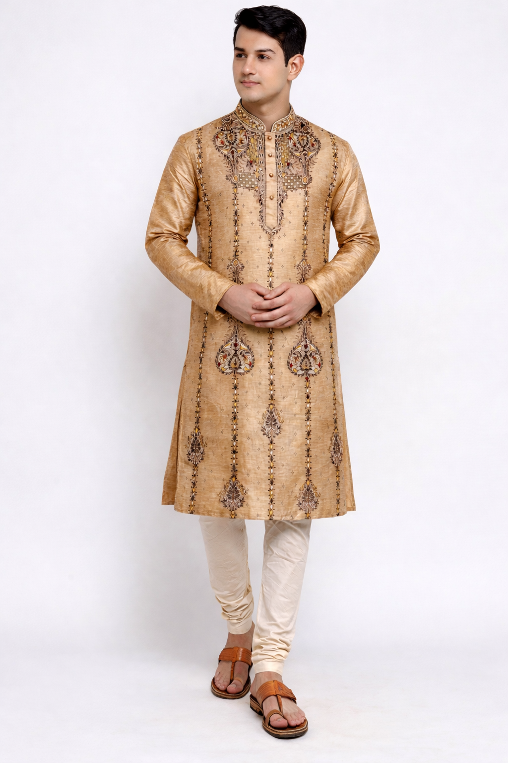 Mens Gorgeous Embroidery Design Silk Tussar Kurta