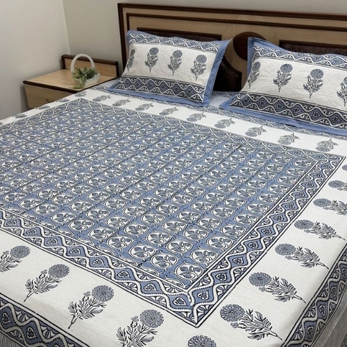 Cotton Bedsheet Set - Color: White & Blue