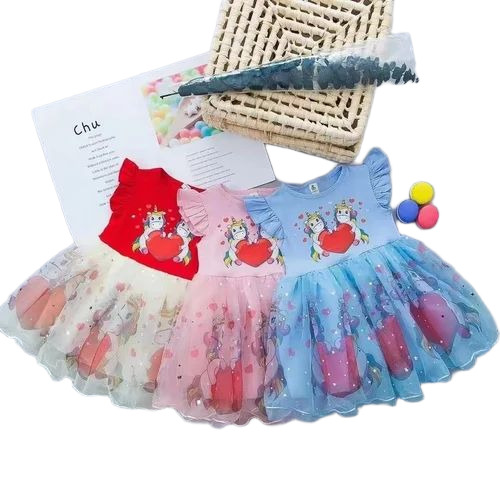 Girls Cotton Net Kids Frock - Age 2-4 Years, Multicolor, Short Sleeves | Breathable, Cool Dry, Fancy, Washable