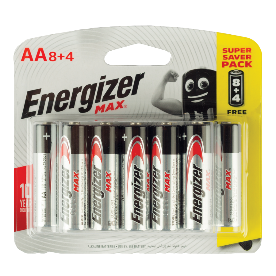 Energizer Power Alkaline Aa Batteries 8+4 Bonus Pack (12 Total)