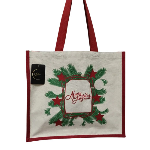 Off White Printed Jute Shopping Bag