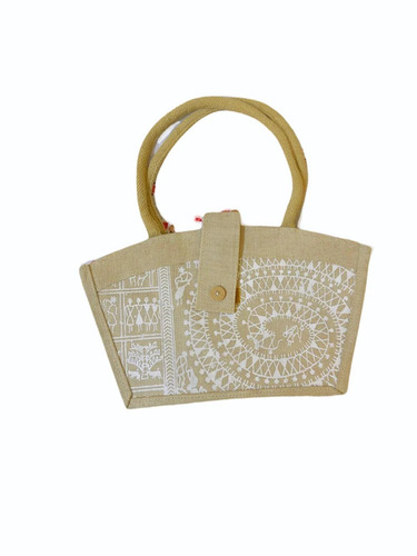 Cream Base Printed Jute Hand Bag