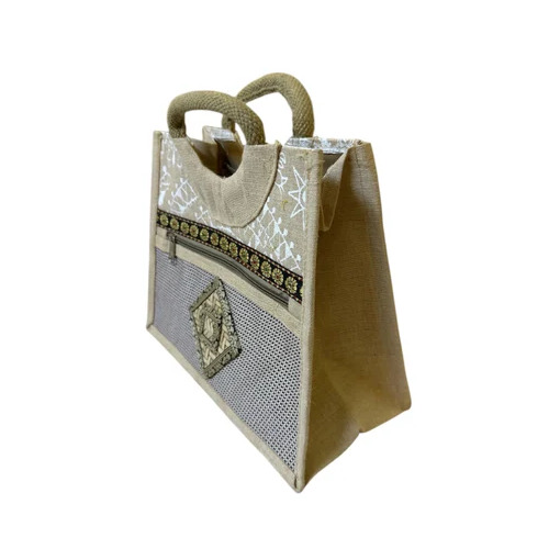 Gray Printed Jute Hand Bag