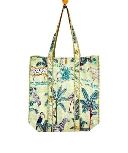 Leaves Printed Cotton Tote Bag - Cotton Fabric, 16x18 Inch, Green | Machine Made, Easy To Carry, Handles