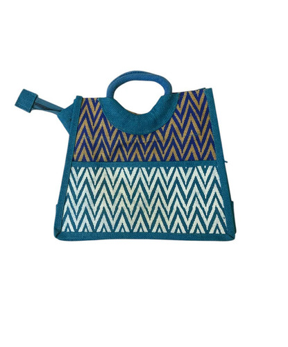 Light Blue Printed Jute Hand Bag