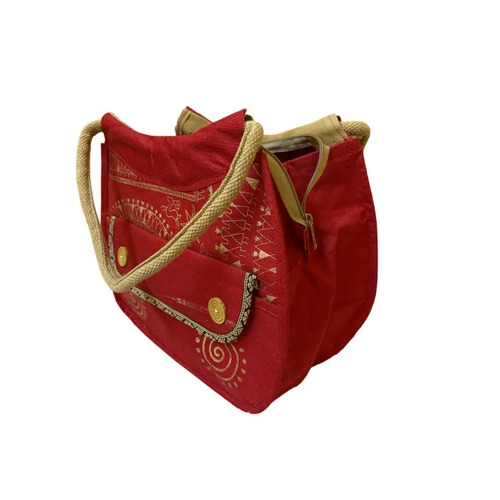Maroon Base Printed Jute Shopping Bag