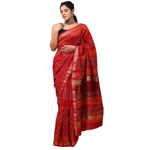 Bagru Hand Block Printed Maheshwari Silk Saree