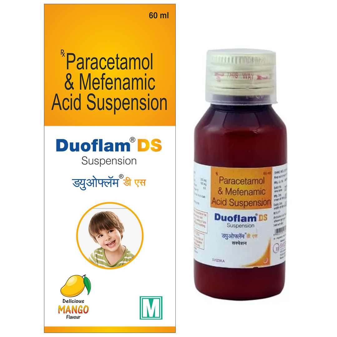Paracetamol & Mefenamic Acid Suspension 60Ml - Usage: * Fever (Pyrexia)
* Mild To Moderate Pain Relief
* Headache
* Toothache
* Ear Pain
* Sore Throat
* Post-Vaccination Fever
* Cold And Flu Symptoms
* Muscle Aches
* Teething Discomfort In Children