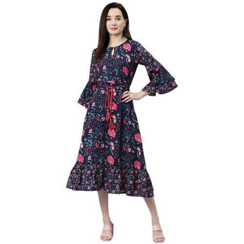 Ladies Cotton Dark Blue Floral Print A Line Dress