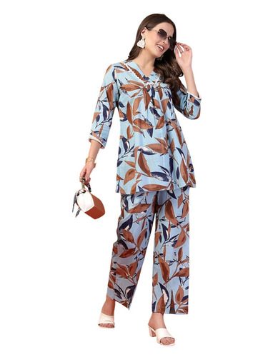 Ladies Cotton Sky Blue Abstract Print Co-Ord Set