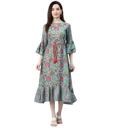 Ladies Cotton Turquoise Blue Floral Print A Line Dress