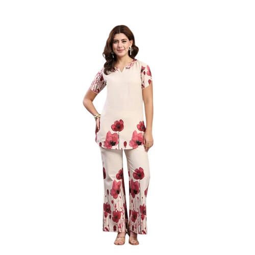 Ladies Indibelle Linen Touch Ivory Ruby Red Co-Ord Set - Feature: Comfortable