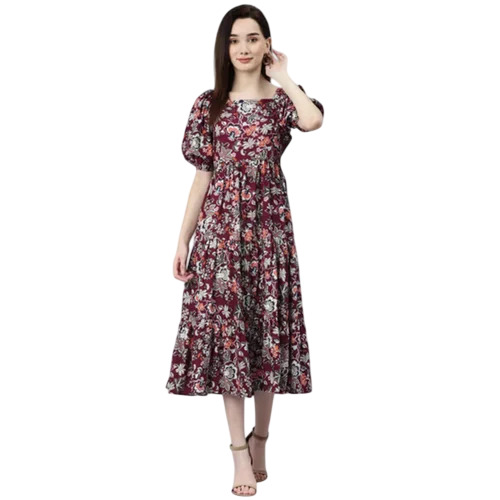 Ladies Rayon Purple Floral Print Flared Dress