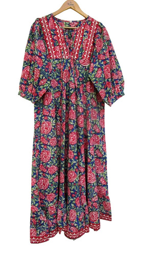 Red Roses Printed Henley Neckline Maxi Dress