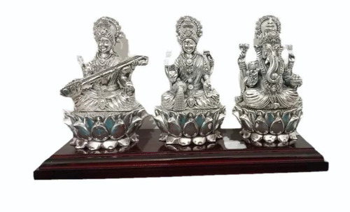 7Inch Silver Plated Laxmi Ganesh Sarasvati Statue - Feature: Durable