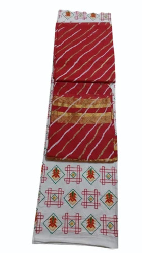 Ladies 180Gsm Printed Thread Work Cotton Unstitched Suit - Color: White And Red (Base)