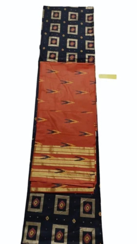 Ladies Party Wear Cotton Printed Unstitched Suit - Color: Black And Orange(Base)
