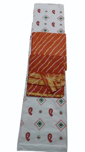 Ladies Stone Printed Cotton Unstitched Suit - Color: White And Orange(Base)