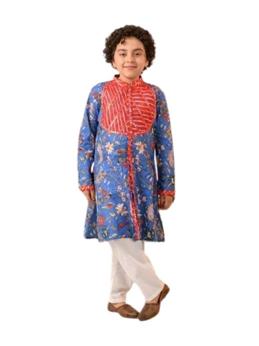 Boys Blue Floral Printed Cotton Kurta Pyjama