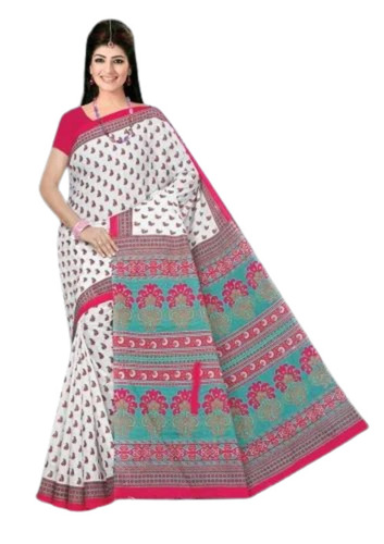 Ladies Printed White Cotton Saree