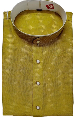 Men Mustard Green Embroidered Jacquard Kurta Pajama