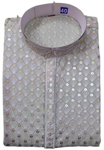 Men Silver Embroidered Cotton Kurta Pajama