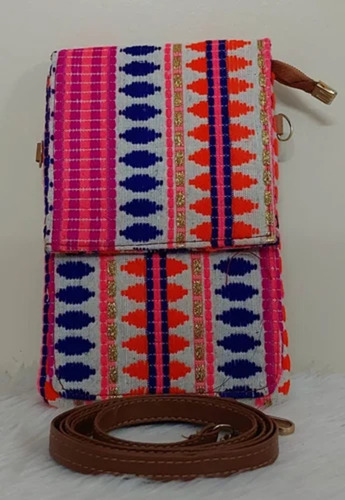 Zipper Ladies Double Partition Ikat Fabric Clutch Bag