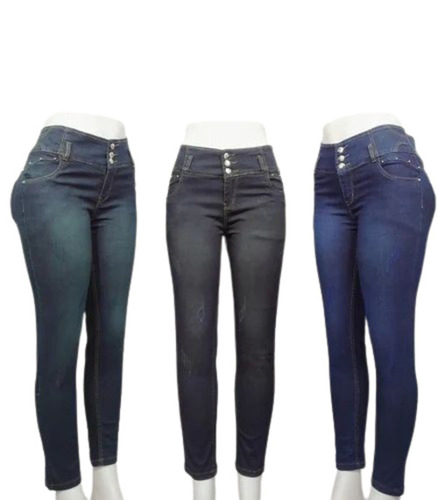 3 Button Damage Denim Jeans For Women