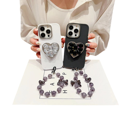 Stone Heart Shape Stand Silicone Soft Phone Case With Bracelet