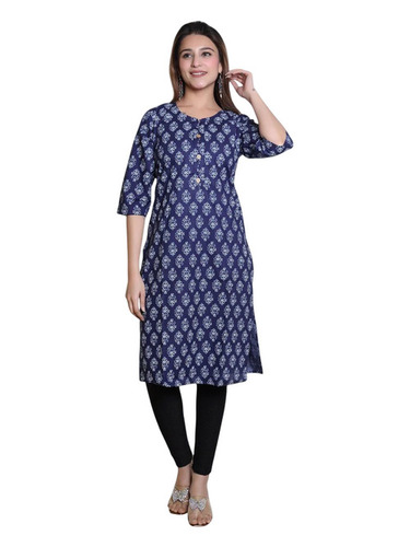 Ladies Blue Cotton Printed Straight Kurti - Optimum Grade, M Size, Navy Blue Base | Breathable, Washable, Casual, Summer Wear