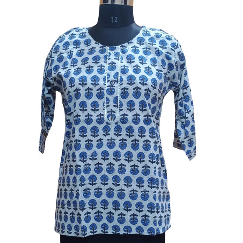 Ladies Blue Printed Casual Short Kurti