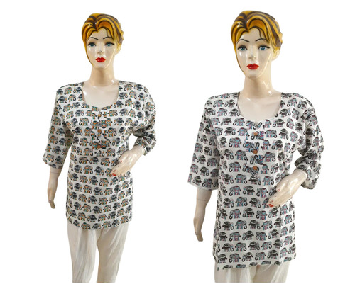 Ladies Printed Casual Cotton Short Kurti - Size 40, White Base | Breathable, Washable, Long Sleeve, Modern Style