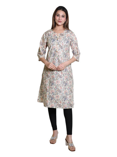 Printed Cotton Kurti - Cotton, Multicolor | Breathable, 3-4th Sleeve, Modern Casual Summer Wear for Ladies