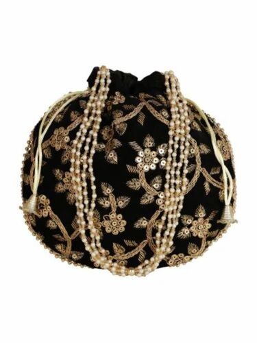 Black Color Embroidered Potli Bags - Cotton Fabric, Customized Size, 500gm Capacity, Drawstring Handles