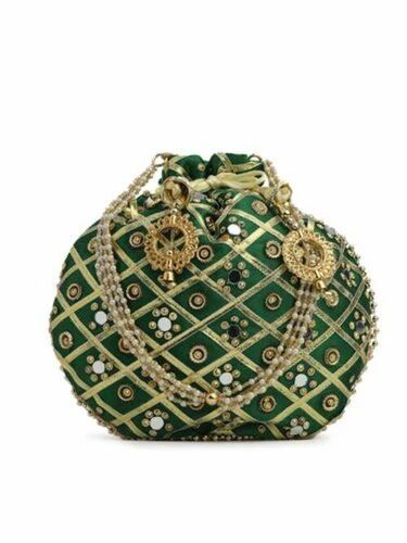 Green Color Embroidered Potli Bags
