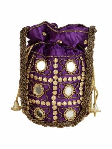 Purple Color Embroidered Potli Bags - Cotton Fabric, Customized Size, 500gm Capacity | Handled, Drawstring Closure