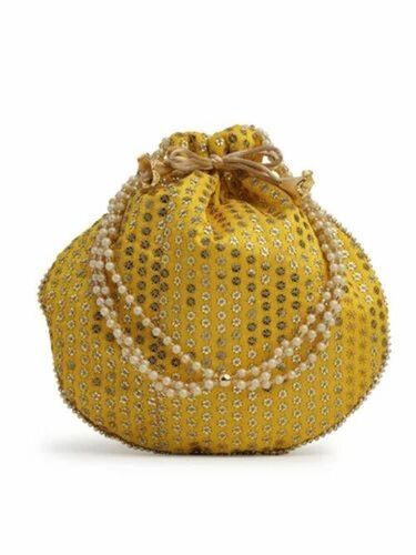 Yellow Color Embroidered Potli Bags - Cotton Fabric, 9x8.5 Inch, 500gm Capacity | Handled, Drawstring Closure, Customized Design